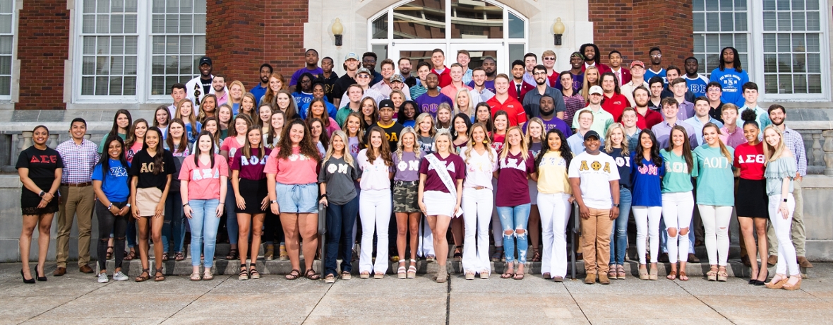 Greek students on Bibb Graves Hall steps